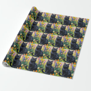 Papier Cadeau Peinture de fleurs printanières au chat noir