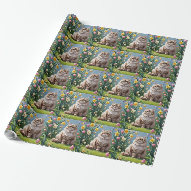 Papier Cadeau Peinture de fleurs printanières de chat persan (Déroulé)
