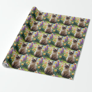 Papier Cadeau Peinture de fleurs printanières de chat siamois