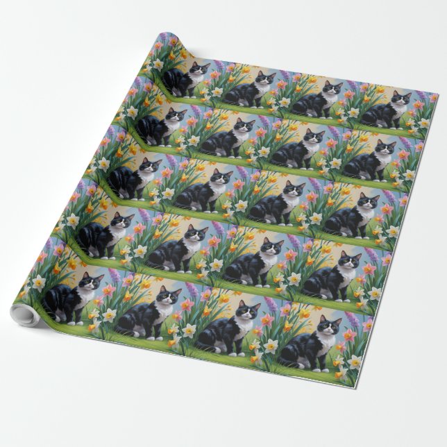 Papier Cadeau Peinture de fleurs printanières de chat smoking  (Déroulé)