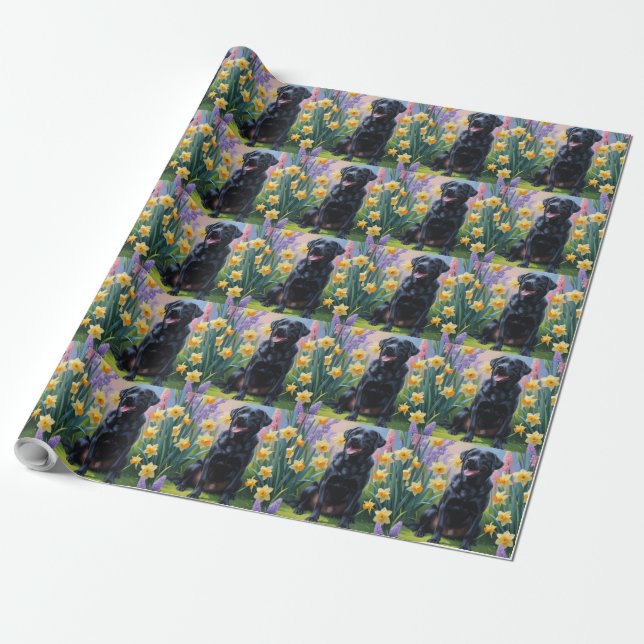 Papier Cadeau Peinture de fleurs printanières de chien Labrador  (Déroulé)