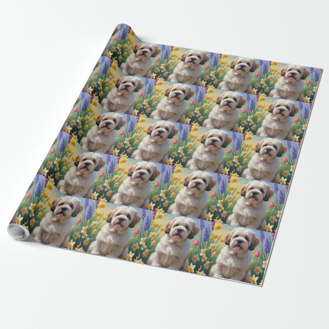 Papier Cadeau Peinture de fleurs printanières de chien Lhasa Aps (Déroulé)