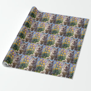 Papier Cadeau Peinture de fleurs printanières de chien Malamute