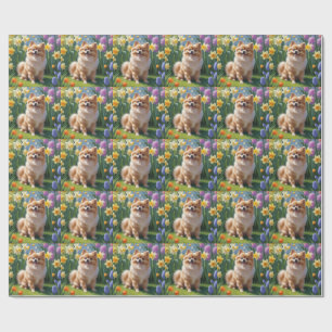 Papier Cadeau Peinture de fleurs printanières de chien Poméranie