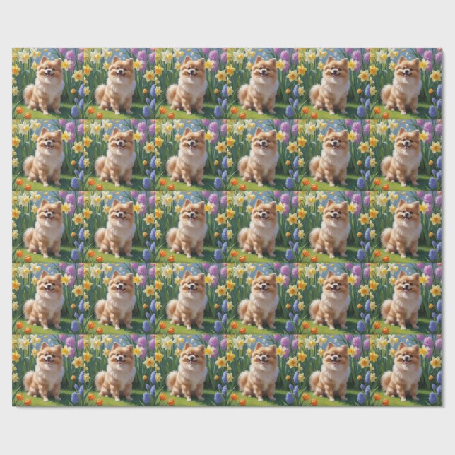 Papier Cadeau Peinture de fleurs printanières de chien Poméranie (Plat)