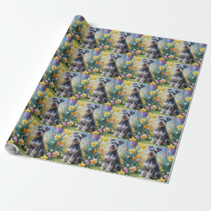 Papier Cadeau Peinture de fleurs printanières de chien Schnauzer