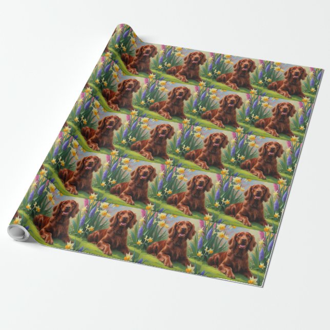 Papier Cadeau Peinture de fleurs printanières de chien Setter Ro (Déroulé)