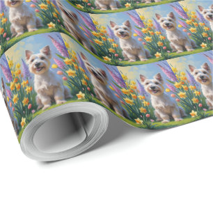 Papier Cadeau Peinture de fleurs printanières de chien Terrier É