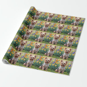 Papier Cadeau Peinture de fleurs printanières de chien Yorkipoo