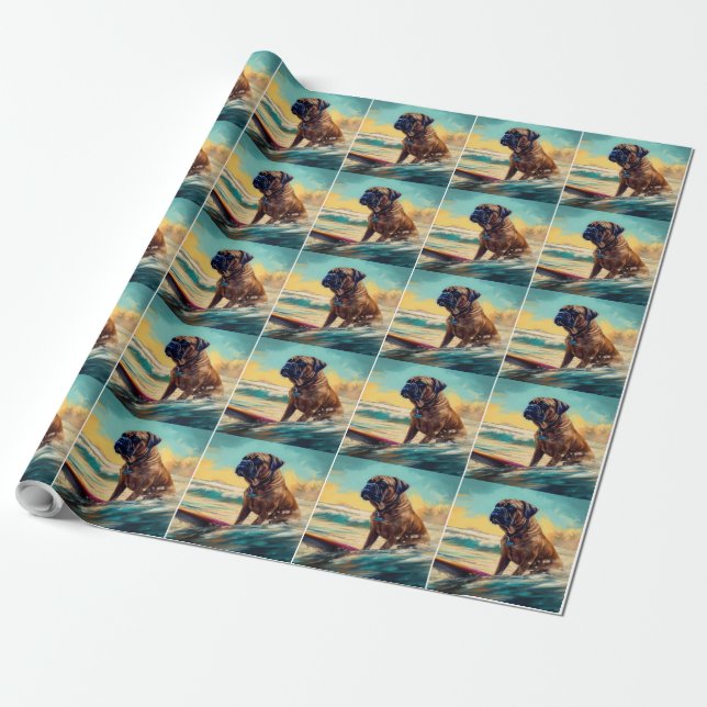 Papier Cadeau Peinture de surf de plage de Bullmastiff (Déroulé)