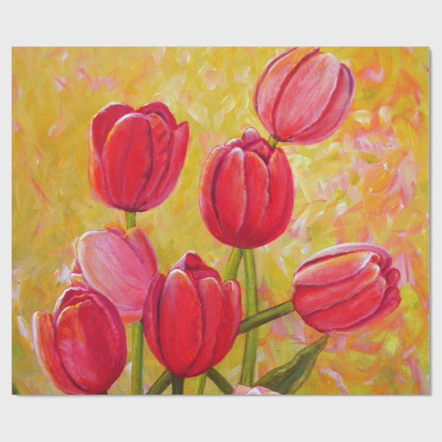 Papier Cadeau Peinture de tulipes roses et rouges (Plat)