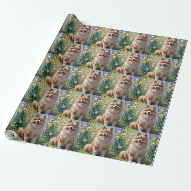Papier Cadeau Peinture des fleurs de printemps de chien Keeshond (Déroulé)
