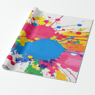 Papier Cadeau Peinture éclaboussée rose, jaune et bleue colorée
