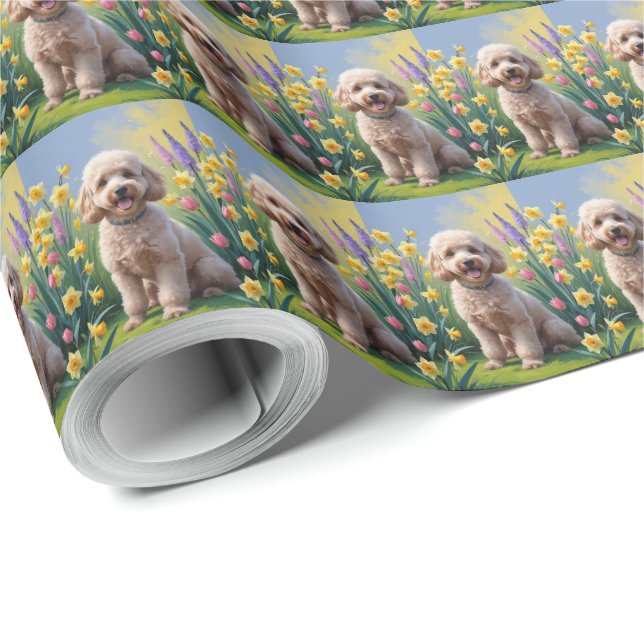 Papier Cadeau Peinture Fleurs de Printemps de Chien Caniche (Coin rond)