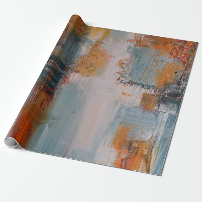 Papier Cadeau Peinture orange, blanche et turquoise abstraite (Déroulé)