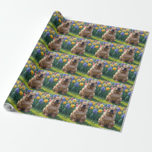 Papier Cadeau Peinture Shar Pei Chien Fleurs de Printemps Pei