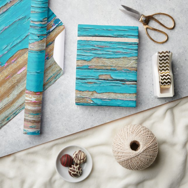 Papier Cadeau Peinture turquoise sur bois patiné (Artisanat)