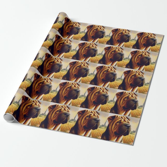 Papier Cadeau Peinture vintage Shar-Pei (Déroulé)