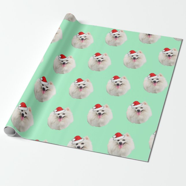 Papier Cadeau Pekingese blanc portant un chapeau de Père Noël (Déroulé)