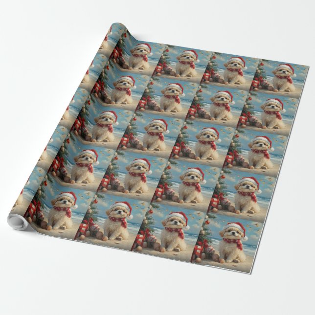 Papier Cadeau Pékinois Noël Vintage Plage (Déroulé)