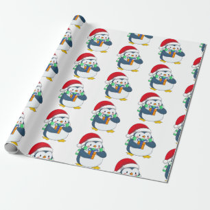 Papier Cadeau Penguin dans un casquette de Noël avec un cadeau