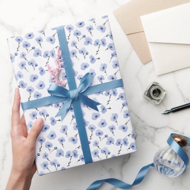 Papier Cadeau Pensées bleues sur fond blanc  (Cadeaux)