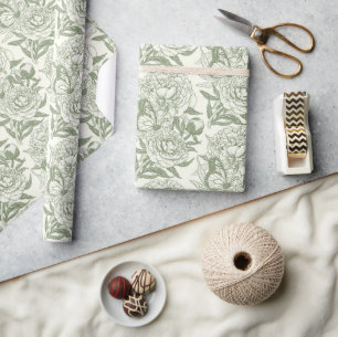 Papier Cadeau Peoné et papillons bloc impression, sauge vert et