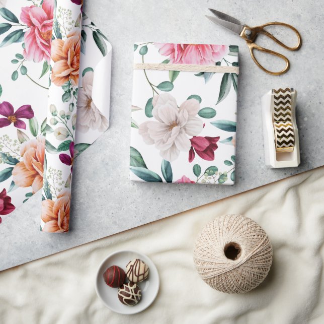 Papier Cadeau Peonies d'aquarelle rose blanc (Artisanat)