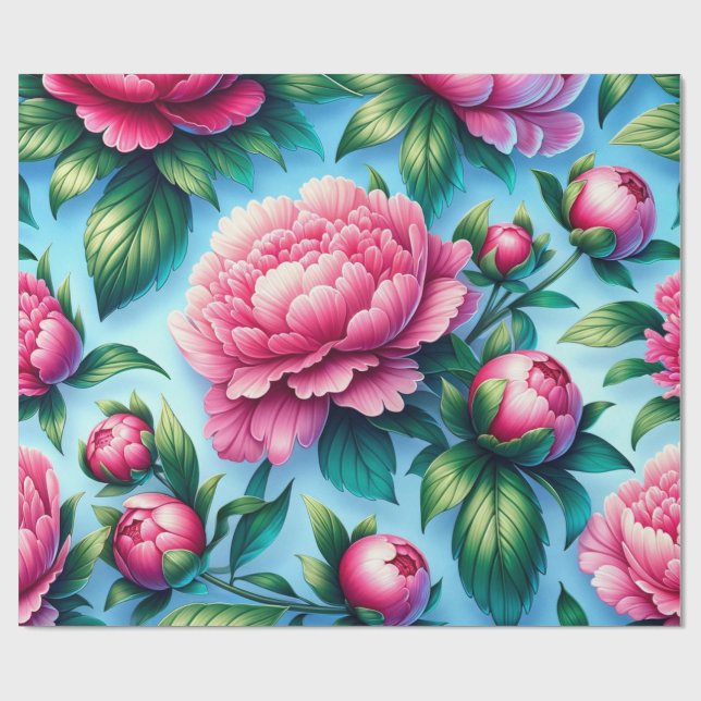 Papier Cadeau Peonies roses sur un Arrière - plan bleu (Plat)