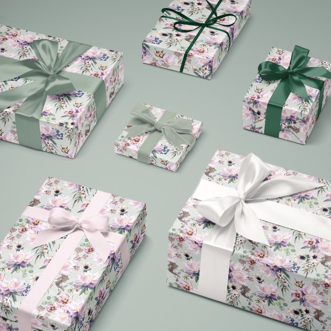 Papier Cadeau Peony Anemone Hellebore Eucalyptus Sage Vert (Peony Anemone Hellebore Eucalyptus Sage Green Wrapping Paper)