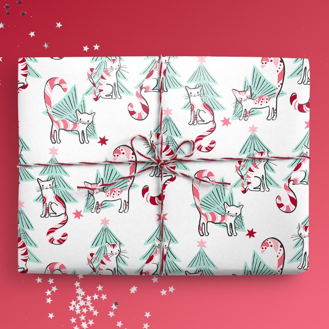 Papier Cadeau Pepperment Candy Chats et arbres de Noël (Peppermint Candy Cats and Christmas Trees Gift Mockup)