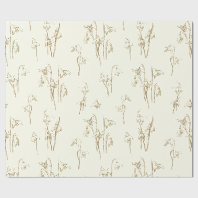 Papier Cadeau Perce-Neige Fins Et Dorés Fleurs Sauvages Beige (Plat)