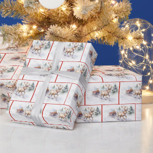 Papier Cadeau Père Noël à l'aquarelle et traîneau dans des floco