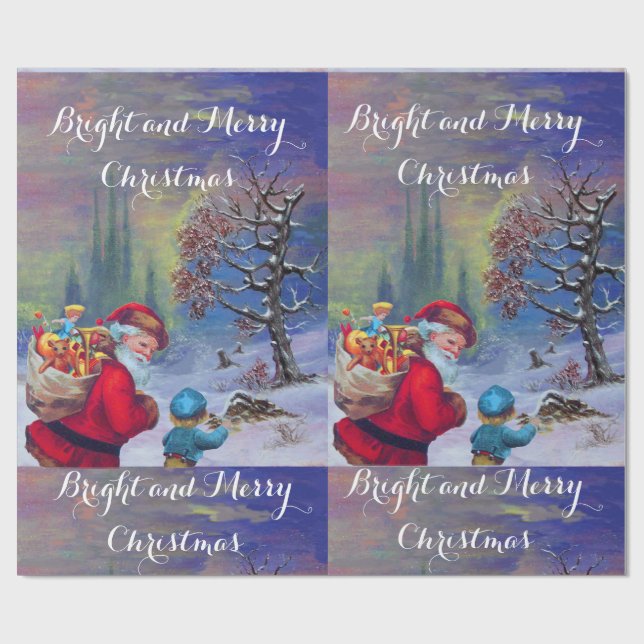 PAPIER CADEAU PÈRE NOËL AVEC ENFANT DANS LA NEIGE D'HIVER (Plat)