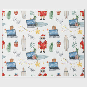 Papier Cadeau Père Noël avec ordinateur et planche de surf à Noë