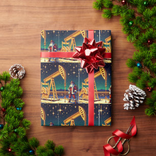 Papier Cadeau Père Noël avec pompe à huile et lumières de Noël