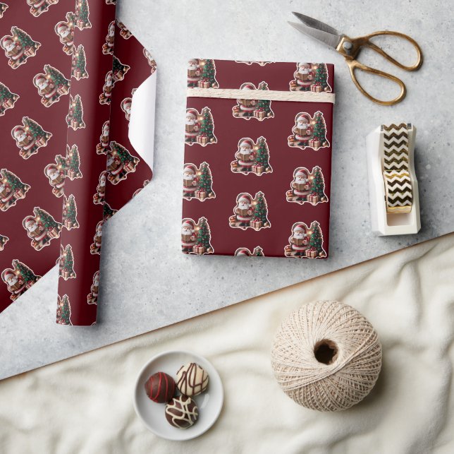 Papier Cadeau Père Noël avec sapin en 3D - (Artisanat)