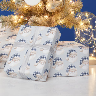 Papier Cadeau Père Noël bleu blanc avec chapeau de Noël