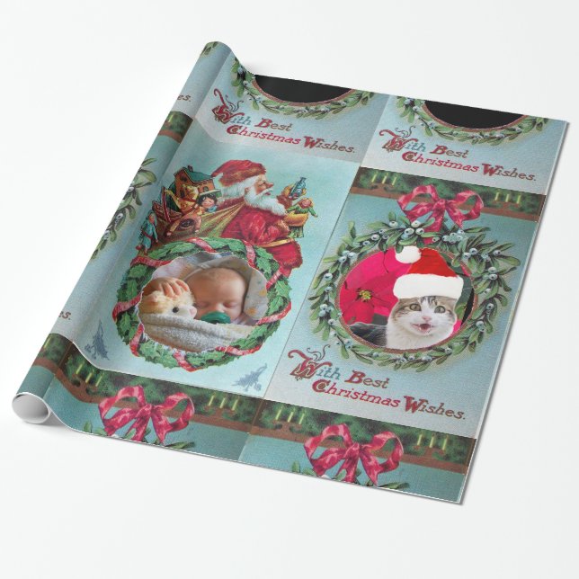 PAPIER CADEAU PÈRE NOËL, CHRISTMAS CROWN, RED RIBBON MODÈLE PHOT (Déroulé)