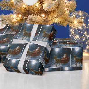 Papier Cadeau Père Noël conduisant un traîneau au clair de lune