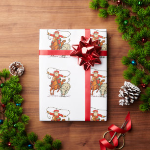 Papier Cadeau Père Noël Cowboy Western Roping Noël Vintage Xmas