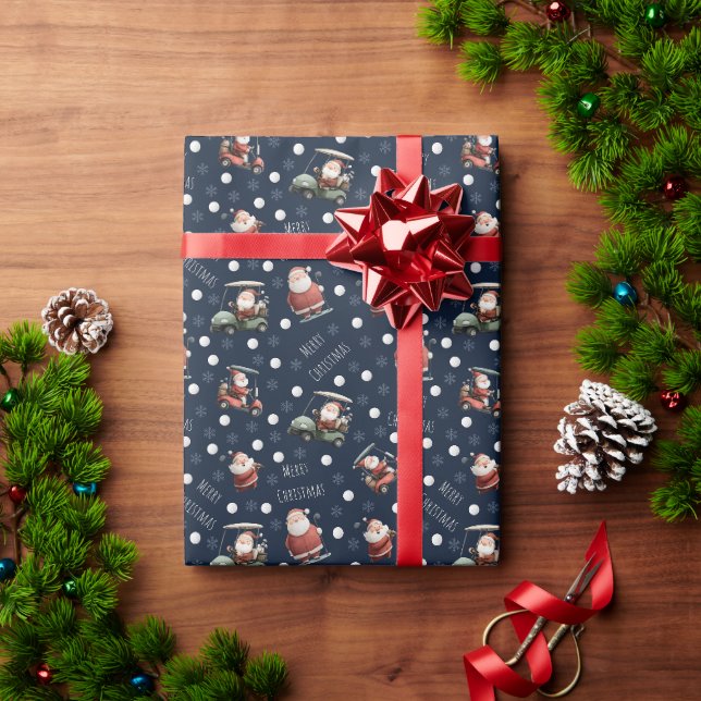 Papier Cadeau Père Noël de golf sur bleu marine (Cadeau de vacances)