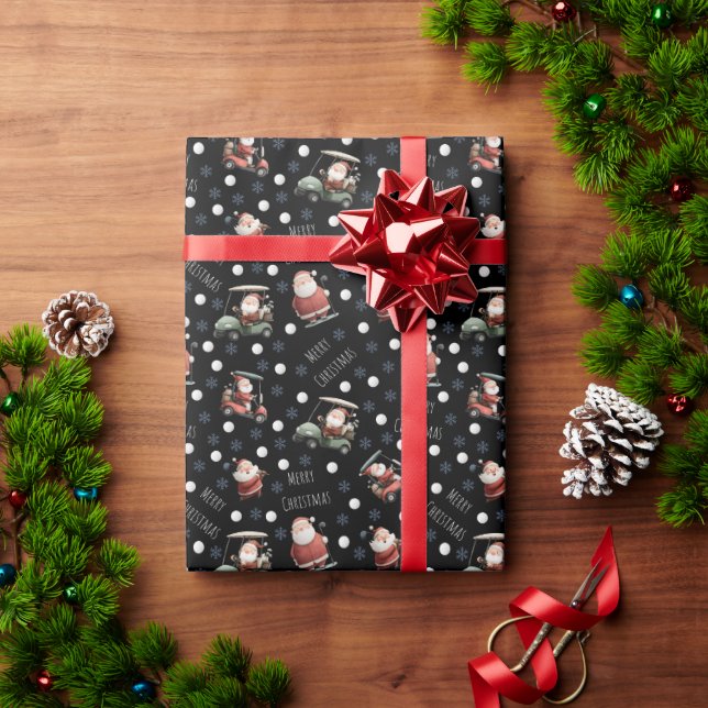 Papier Cadeau Père Noël de golf sur noir (Cadeau de vacances)