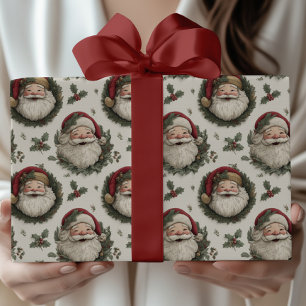 Papier Cadeau Père Noël de Noël Vintage avec Motif Holly Wreaths