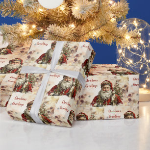 Papier Cadeau Père Noël de Noël vintage, baie de houx