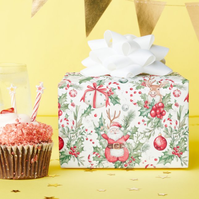 Papier Cadeau Père Noël Deer Baubles Holly Christmas Wrapper Pap (Fête d'anniversaire)