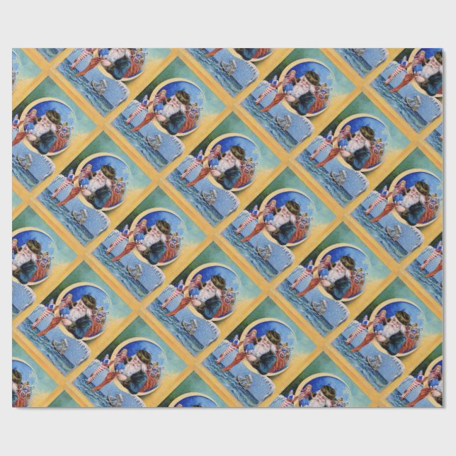 PAPIER CADEAU PÈRE NOËL DES MARINS, LUNE, CHRISTMAS SOCKS ET JOU (Plat)