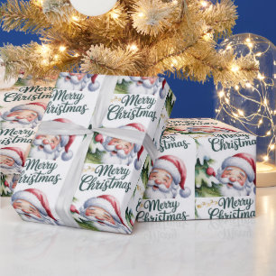 Papier Cadeau Père Noël drôle et mignon avec arbre et typographi