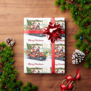 Papier Cadeau Père Noël en voiturette de golf rouge au pied de l