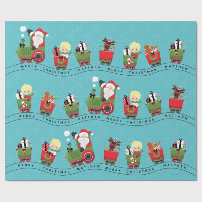 Papier Cadeau Père Noël et Blonde Boy en train (Plat)